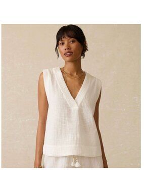 Faherty Dune Cotton Gauze Popover White Sleeveless Top L